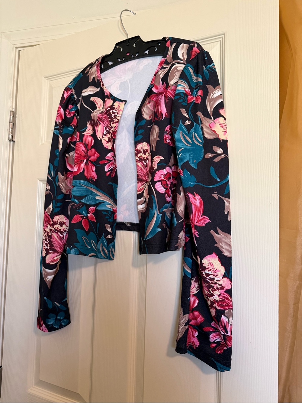 SHEIN Black Cropped Blazer with Pink & Teal Floral Print